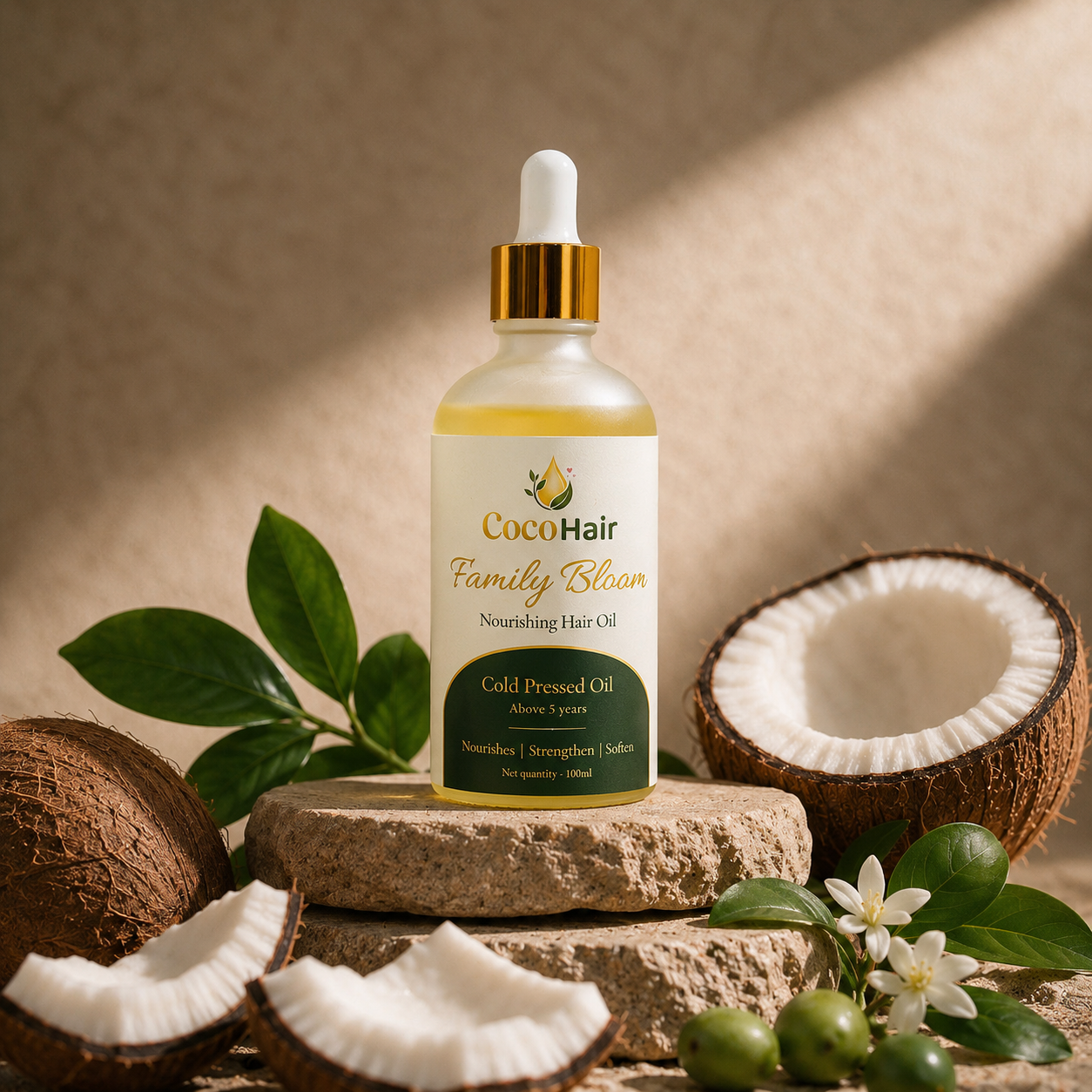 Cold-pressed coconut and sweet almond oil ingredients